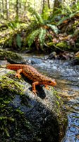Orange spotted salamander resting on mossy rock beside forest stream in natural woodland habitat with flowing water and lush green vegetation.