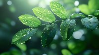 Fresh green leaves covered with morning dew drops against blurred natural background. Macro photography captures water droplets on foliage in spring garden.