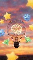 Glowing lightbulb with neon brain icon surrounded by stars, gears, and winged lightbulbs against sunset sky. Concept for creativity, innovation, and smart ideas for business and education.