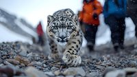 Snow leopard walking on rocky terrain with blurred hikers in background, focused predator expression, wildlife photography in natural mountain habitat.