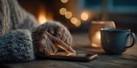 Cozy evening scene with warm sweater, open book and steaming coffee mug on wooden table with soft bokeh lights creating peaceful reading atmosphere.