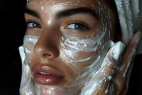 Young Asian woman applying white facial mask cream for skincare routine, close up portrait on dark background with glowing moisturized skin.