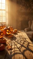 Carved jack-o-lantern pumpkins glowing on rustic wooden table in cozy living room with fireplace and autumn sunlight streaming through window.