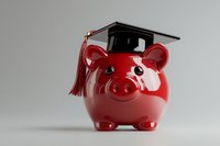 Red piggy bank wearing a graduation cap, symbolizing education savings, student loan funds, and financial planning for college tuition.