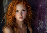 Young woman with vibrant curly red hair and freckles against purple textured background, perfect for beauty, fashion, or lifestyle content.