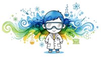 Young scientist in lab coat and safety goggles with colorful chemistry elements and molecular structures on white background for educational design.
