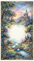 Enchanted fairy tale landscape with ornate golden border featuring magical castle, cottage, bridge and mystical forest in watercolor style.