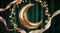 Golden crescent moon ornament with elegant ribbons and warm bokeh lights on emerald background for festive holiday celebrations and seasonal decor.
