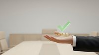 Business professional hand presenting five golden stars with green checkmark for quality rating and customer satisfaction evaluation.