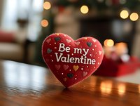 Red heart-shaped Valentine's Day decoration with "Be my Valentine" text on wooden surface with warm bokeh lights creating romantic holiday atmosphere.