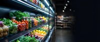 Fresh organic vegetables and fruits displayed in modern supermarket produce section with LED lighting and refrigerated shelves for healthy shopping experience.
