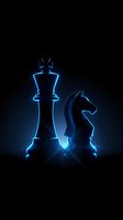 Glowing blue neon chess pieces king and knight on dark background for strategic business concepts and competitive gaming designs.