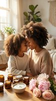 Adult woman and young girl with curly brown hair, both of African descent, wearing cream-colored sweaters, sharing an affectionate moment in a bright living room with skincare products and pink flowers on wooden table.