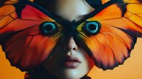 Surreal portrait of a woman with vibrant orange and red butterfly wings covering her eyes, featuring striking turquoise eye markings and soft facial features against warm background.