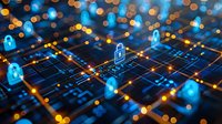 Glowing blue padlock icons on digital circuit grid with orange light effects, representing cybersecurity and network protection in modern technology.
