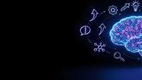 Glowing neon brain with innovation icons on dark background. Digital mind, creativity, artificial intelligence, technology concepts for business presentations.