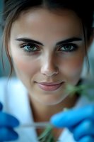 Close up portrait of young Caucasian woman with striking green eyes and natural makeup smiling gently at camera against soft blue background.
