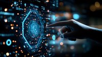 Futuristic fingerprint scanning interface with human hand reaching towards glowing biometric security system against dark background with blue light effects.