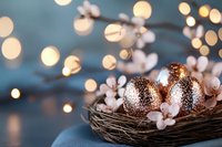 Glittering rose gold Easter eggs nestled in natural nest with white spring blossoms and soft bokeh lights on blue background, creating festive holiday atmosphere.