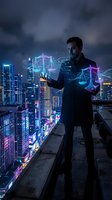 Professional businessman using holographic legal technology interface with digital scales of justice against futuristic city skyline at night.