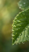 Fresh green leaf with crystal clear water droplets on serrated edges against soft blurred natural background for organic wellness and environmental concepts.