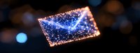 Glowing digital tablet with futuristic network connections and light trails floating in dark space, illuminated by blue and orange technological nodes.