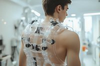 Young man with transparent medical device attached to back in clinical setting, showcasing innovative healthcare technology for physical therapy or rehabilitation.