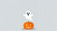 Cute ghost floating above carved jack-o-lantern pumpkin on neutral background, isolated design element for Halloween decorations, greeting cards, and seasonal marketing materials.