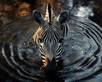 Zebra drinking water creates circular ripples in dark pond, close-up front view of striped head with distinctive pattern and alert ears against golden sunlight.