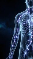 Glowing nervous system with illuminated neural pathways and nerve fibers on transparent background, suitable for medical education, healthcare presentations, and scientific illustrations.