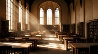 Historic university library reading room with wooden desks and chairs bathed in golden sunlight streaming through tall gothic windows creating warm atmosphere.