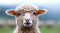 Adorable young lamb with fluffy wool coat standing in green pasture during gentle rainfall, farm animal portrait for agricultural and rural lifestyle content.