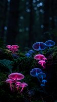 Glowing bioluminescent mushrooms in pink and blue colors growing on mossy forest floor in dark enchanted woodland with magical bokeh lighting effects.