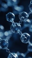 Molecular structure visualization in blue tones showing connected spherical atoms and bonds on dark background with bokeh effect for science presentations.
