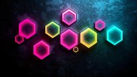 Vibrant neon hexagons with pink, yellow, and turquoise glowing edges against textured dark background, creating futuristic geometric light display.