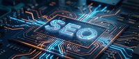Glowing SEO text on a futuristic circuit board microchip with blue and orange neon lights, symbolizing digital marketing and search engine optimization.