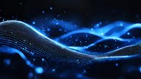 Glowing blue wave pattern with particle dots and light streaks on dark background creates futuristic digital technology visualization effect.