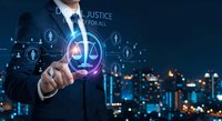 Professional businessman touching digital justice scale interface with glowing legal icons and city skyline background for law technology concepts.