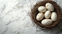 Natural bird nest with speckled eggs on marble surface for Easter spring decoration and wildlife nature photography projects.