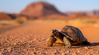 Desert tortoise walking on red sand with mountain silhouettes in background during golden hour sunset, wildlife in natural habitat showing determined movement.