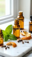 Amber glass bottles with essential oils, fresh mint leaves, orange peel and spices on marble surface near window for aromatherapy and natural wellness.