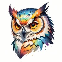 Colorful owl head with vibrant feathers in artistic style featuring orange, blue and yellow gradient plumage on white isolated background, ready for design use.