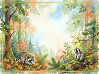 Woodland forest scene with raccoons, ferns, and autumn foliage framing a central clearing, suitable for children's book illustrations and nature-themed designs.