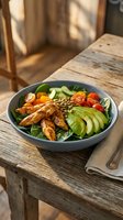 Grilled chicken breast salad bowl with fresh avocado, tomato, cucumber and greens on wooden table in natural sunlight for food photography and restaurant menus.