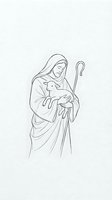 Minimalist line art of shepherd holding lamb with staff on light background for religious and spiritual design projects.