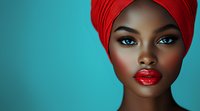 Young African woman wearing bright red headwrap and lipstick against turquoise background, striking blue eyes and flawless skin in dramatic beauty portrait.
