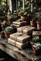 Rustic arrangement of kraft paper wrapped gifts surrounded by potted succulents on weathered wooden table in greenhouse setting.