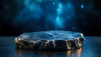 Natural stone platform podium with rough edges on dark blue cosmic background with glowing lights for product display and presentation purposes.