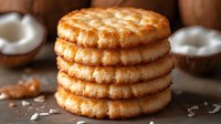 Stack of golden coconut cookies with shredded coconut filling surrounded by fresh coconut halves and scattered coconut flakes on wooden surface.