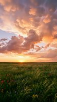 Dramatic sunset over wildflower meadow with golden clouds and vibrant sky creating stunning natural landscape for outdoor and nature photography projects.